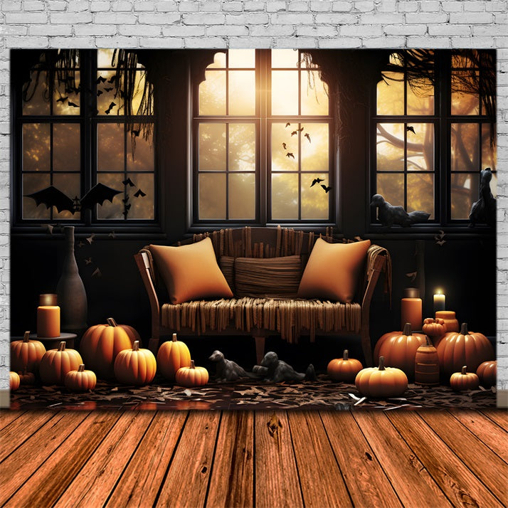 Toile de fond de décoration chaleureuse de citrouille avec fenêtre d'Halloween RR7-336