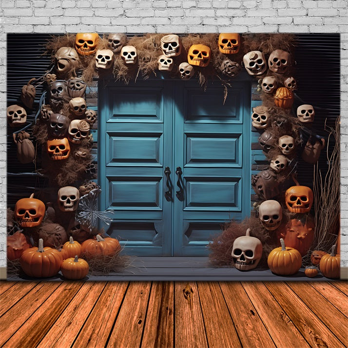 Toile de fond de porte bleue avec crâne et citrouille d'Halloween RR7-343