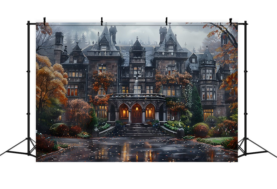 Toile de fond de manoir gothique avec feuillage d'automne d'Halloween RR7-344