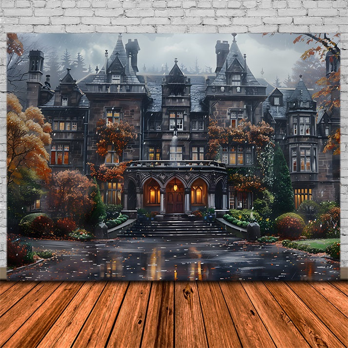 Toile de fond de manoir gothique avec feuillage d'automne d'Halloween RR7-344