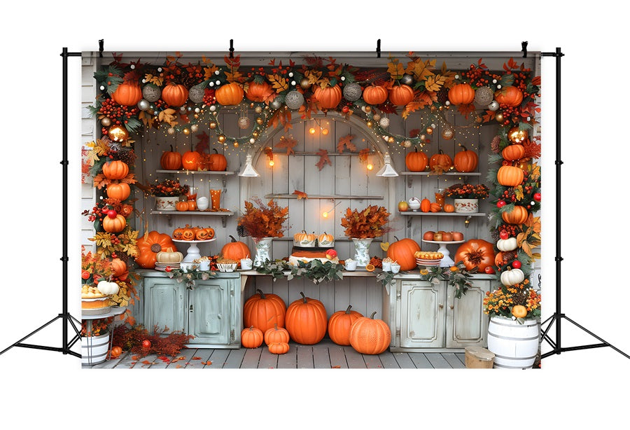 Toile de fond de marché rustique d'automne avec citrouilles et lumières féeriques RR7-346