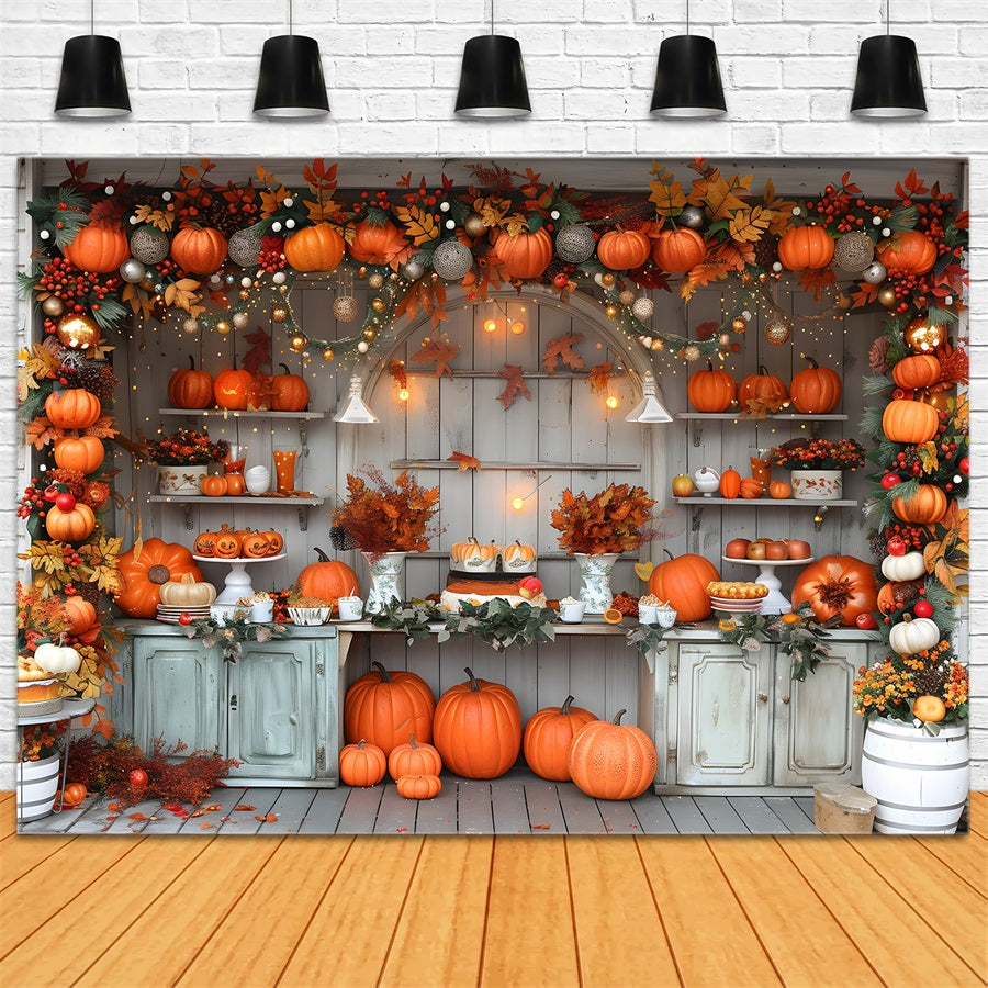 Toile de fond de marché rustique d'automne avec citrouilles et lumières féeriques RR7-346