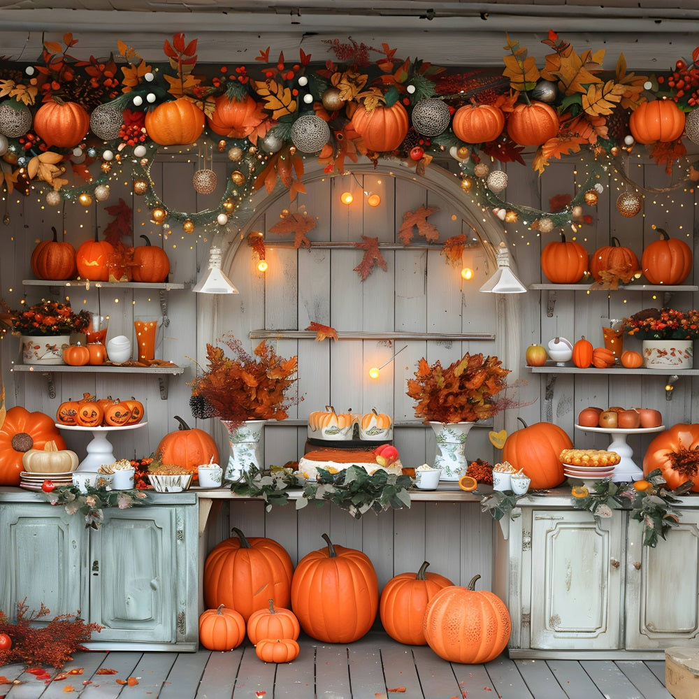 Toile de fond de marché rustique d'automne avec citrouilles et lumières féeriques RR7-346