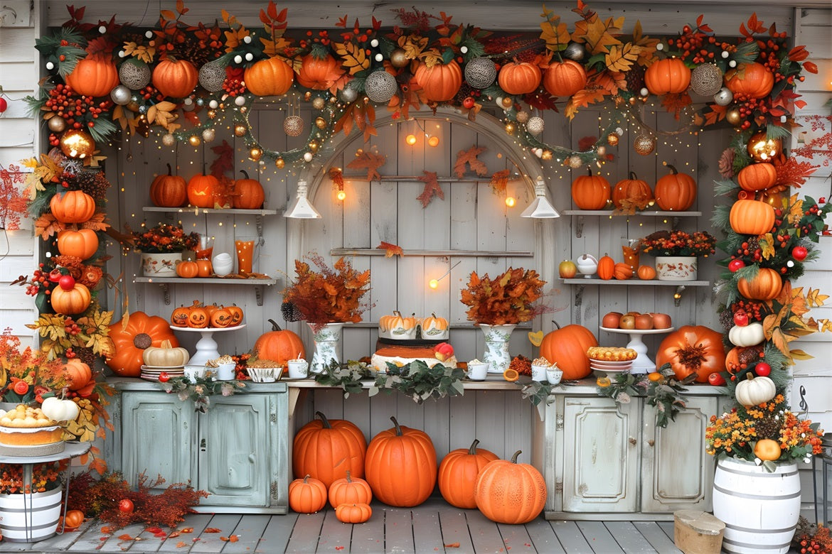 Toile de fond de marché rustique d'automne avec citrouilles et lumières féeriques RR7-346