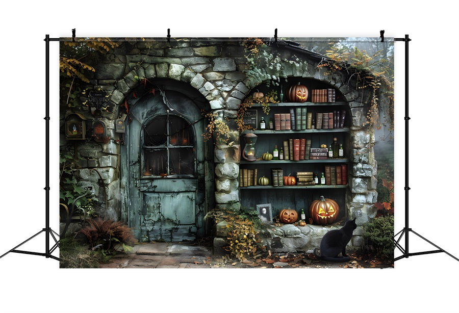 Toile de fond de cottage de sorcière avec livres de potions d'Halloween RR7-347