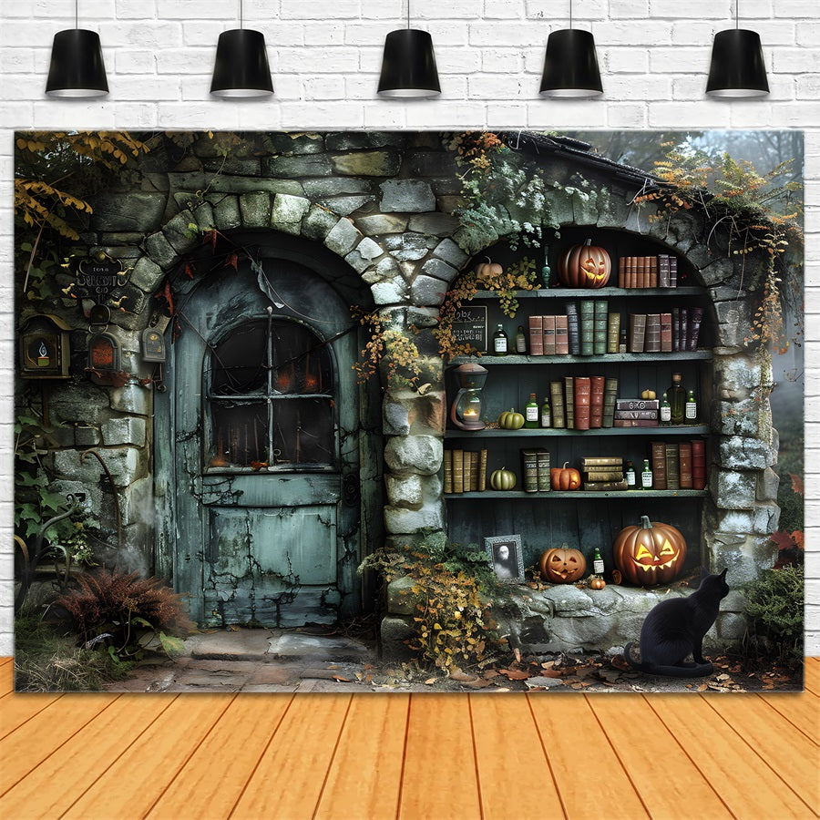 Toile de fond de cottage de sorcière avec livres de potions d'Halloween RR7-347