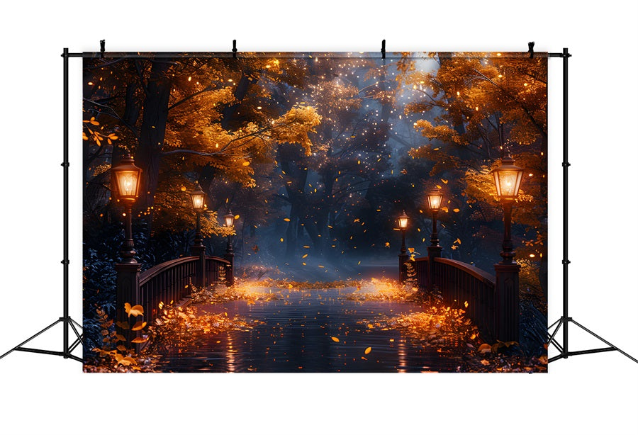 Toile de fond de nuit magique d'automne avec pont éclairé par des lampes RR7-348