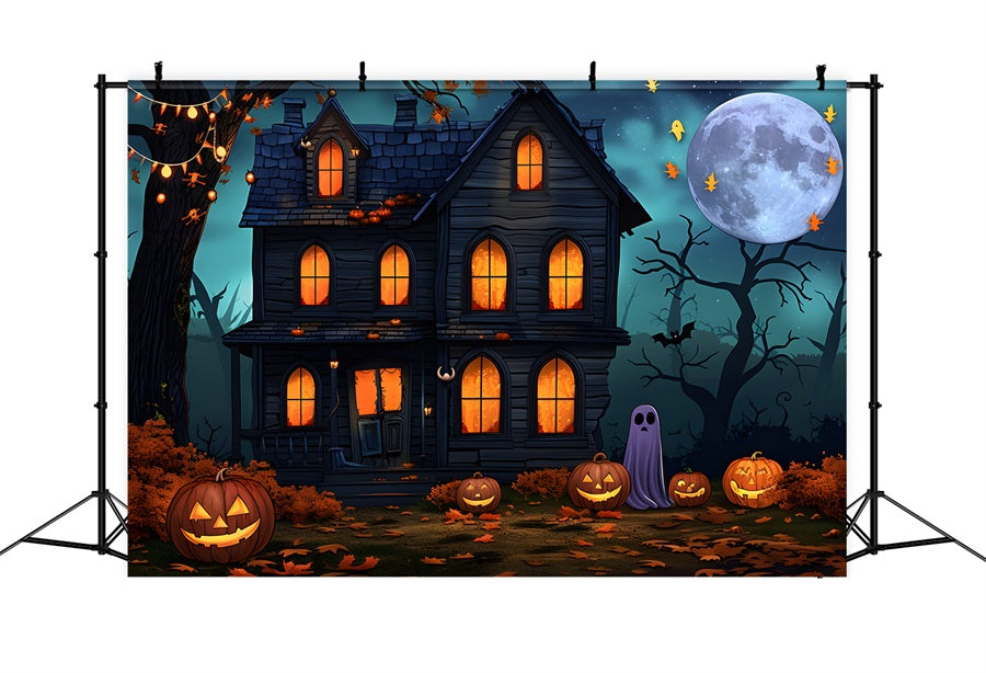 Toile de fond de maison hantée avec Jack-o'-Lantern et fantômes d'Halloween RR7-350