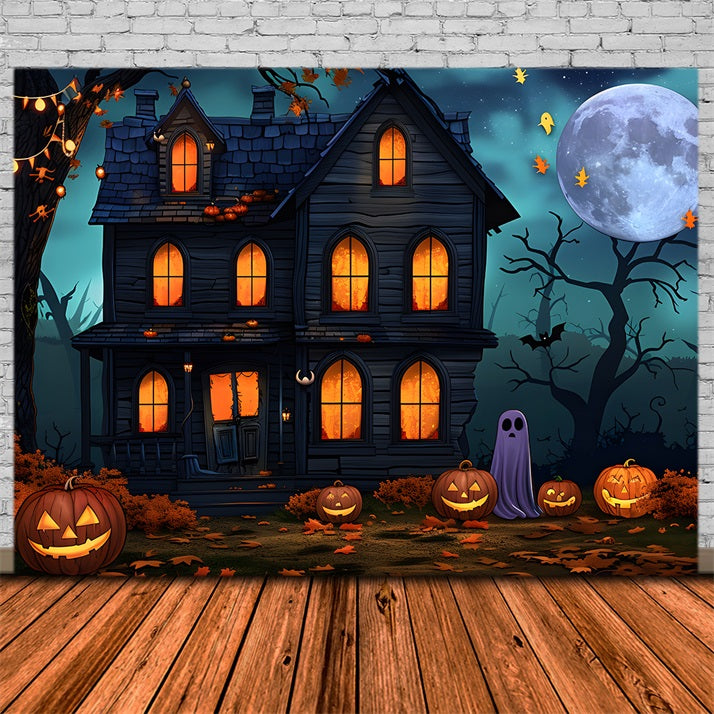 Toile de fond de maison hantée avec Jack-o'-Lantern et fantômes d'Halloween RR7-350