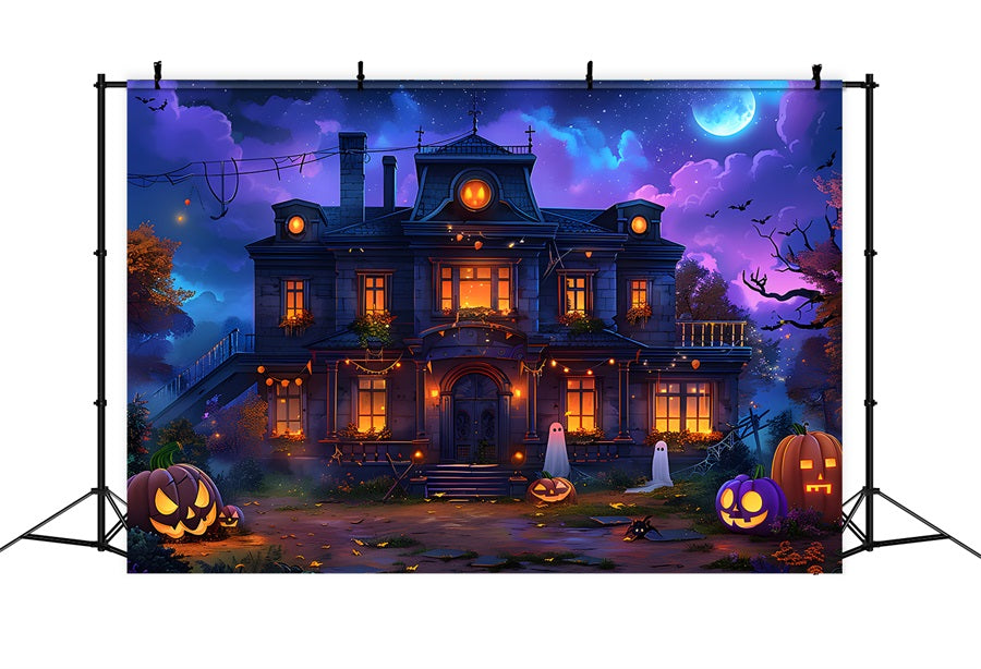 Toile de fond de maison enchantée avec Jack-o'-Lantern et fantômes d'Halloween RR7-351