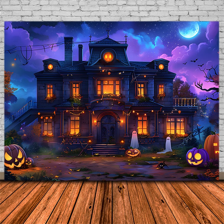 Toile de fond de maison enchantée avec Jack-o'-Lantern et fantômes d'Halloween RR7-351