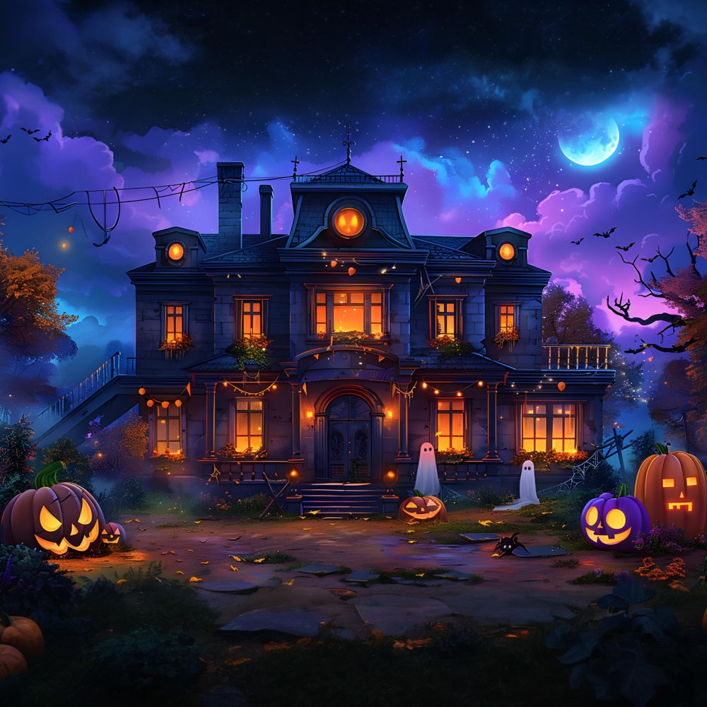 Toile de fond de maison enchantée avec Jack-o'-Lantern et fantômes d'Halloween RR7-351