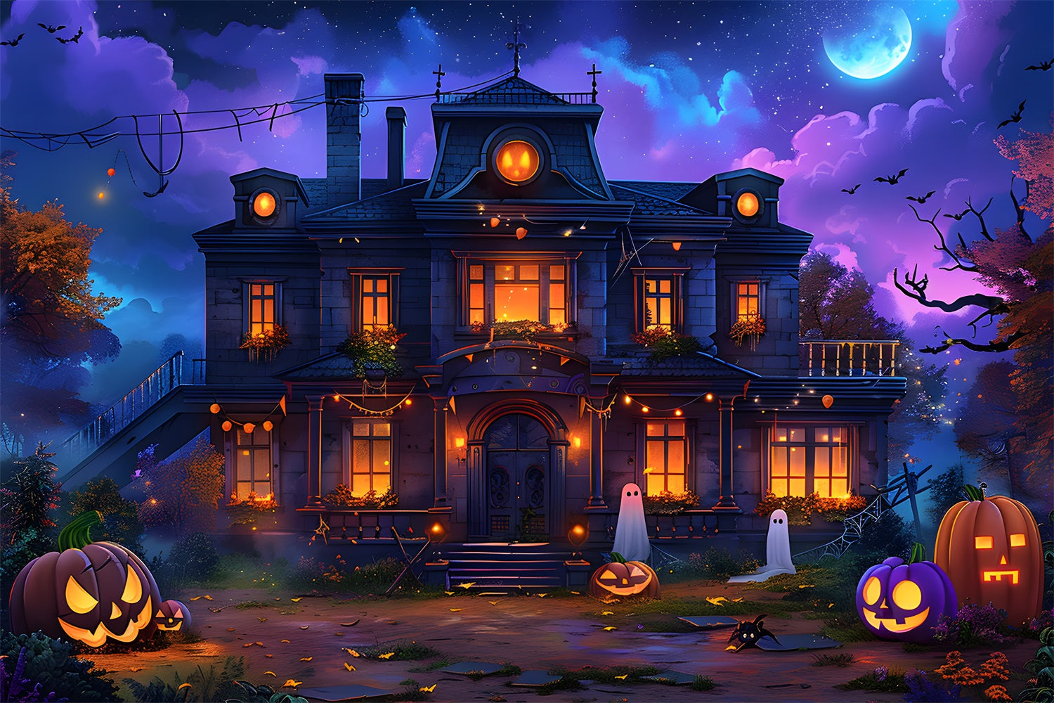 Toile de fond de maison enchantée avec Jack-o'-Lantern et fantômes d'Halloween RR7-351