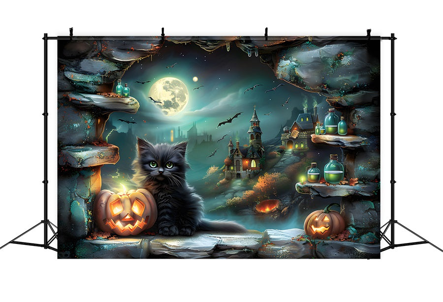 Toile de fond de village enchanté avec chat noir et citrouilles d'Halloween RR7-359