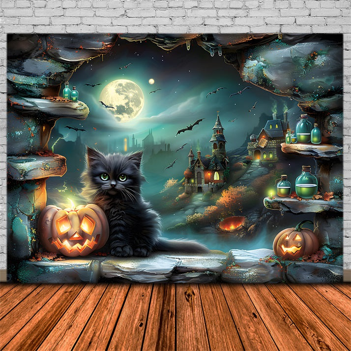 Toile de fond de village enchanté avec chat noir et citrouilles d'Halloween RR7-359