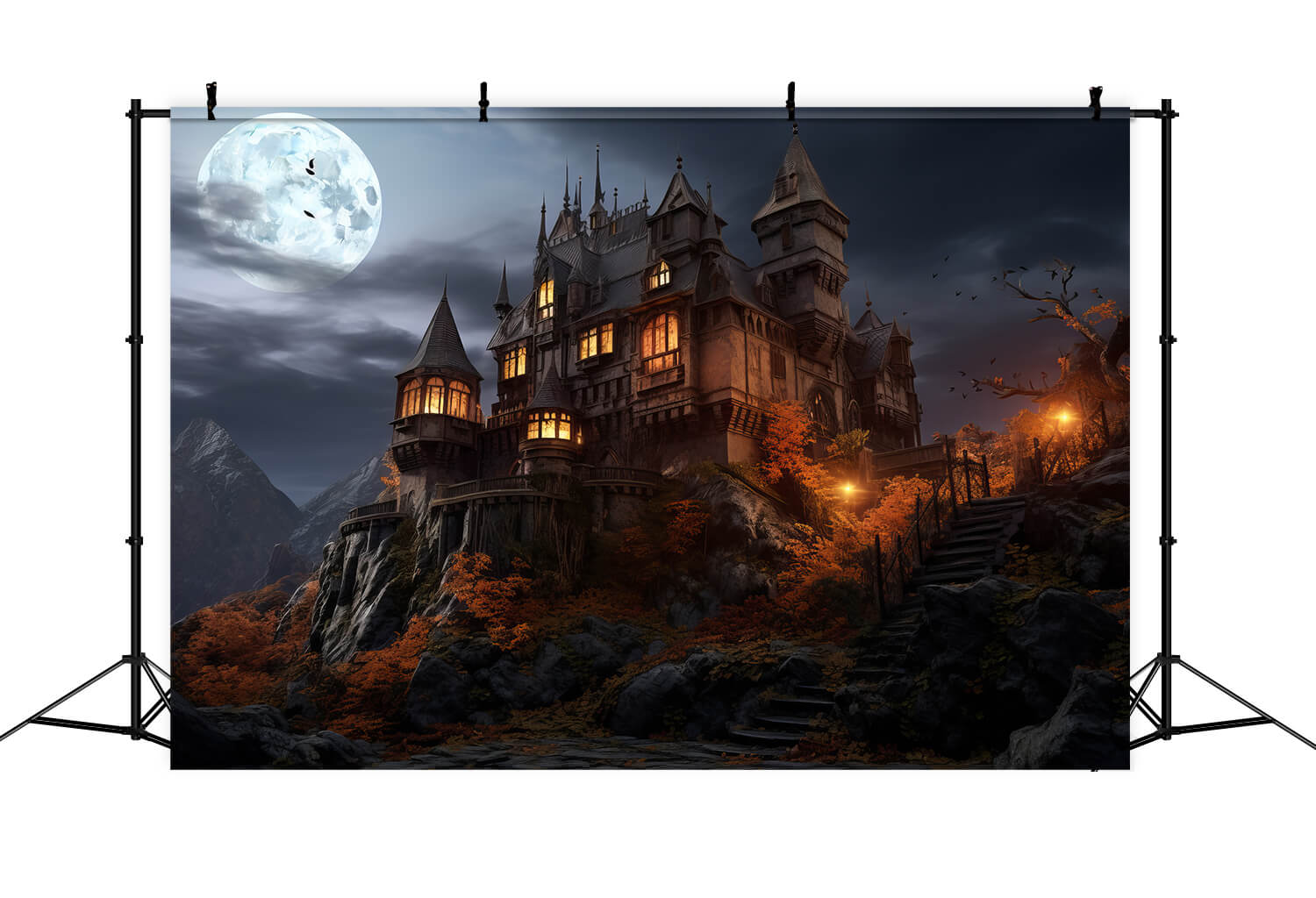 Toile de Fond de Photographie de Château de Pleine Lune d'Halloween RR7-36