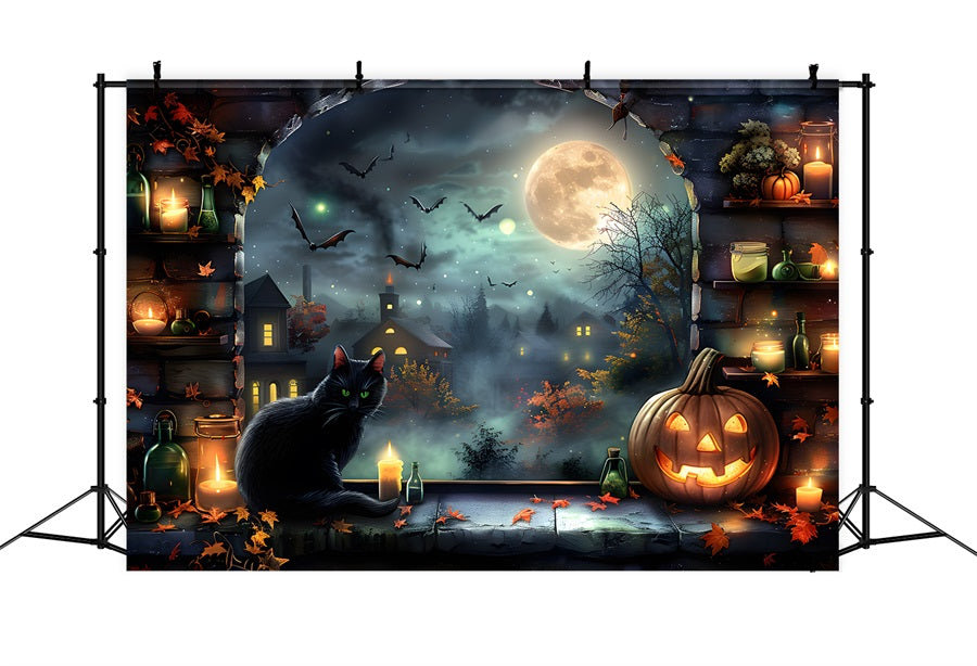 Toile de fond de village éclairé par la lune avec chat noir et lanternes d'Halloween RR7-360