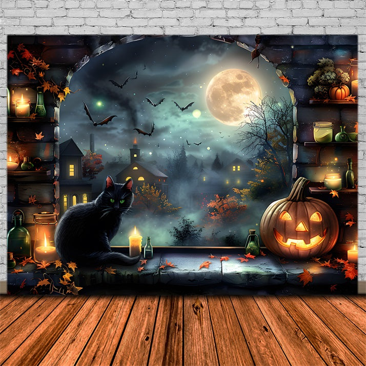 Toile de fond de village éclairé par la lune avec chat noir et lanternes d'Halloween RR7-360