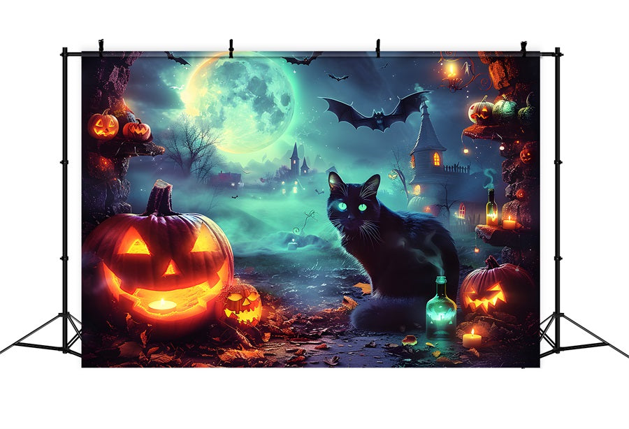 Toile de fond de villageé éclairé par la lune avec chat lumineux d'Halloween RR7-361