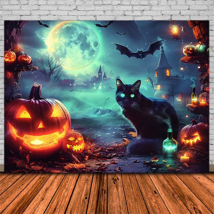 Toile de fond de villageé éclairé par la lune avec chat lumineux d'Halloween RR7-361