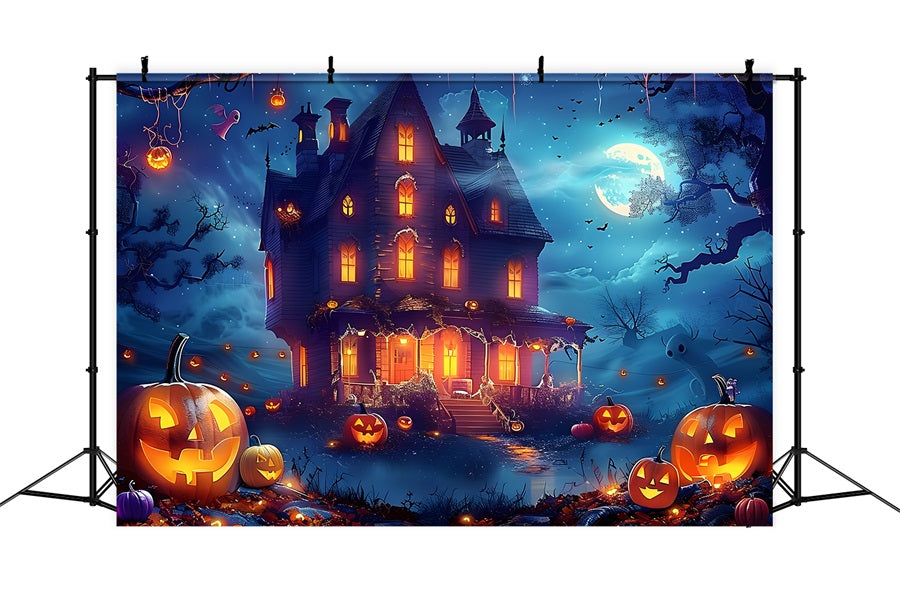 Toile de fond de maison hantée par une nuit éclairée par la lune d'Halloween RR7-362