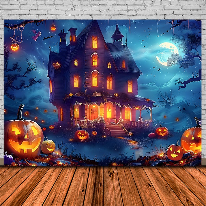 Toile de fond de maison hantée par une nuit éclairée par la lune d'Halloween RR7-362