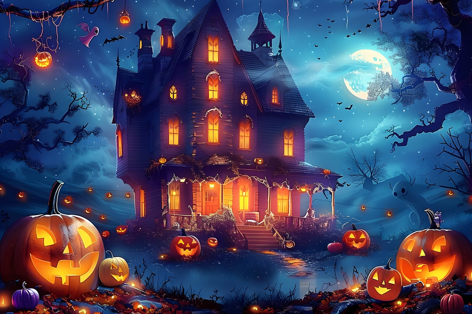 Toile de fond de maison hantée par une nuit éclairée par la lune d'Halloween RR7-362