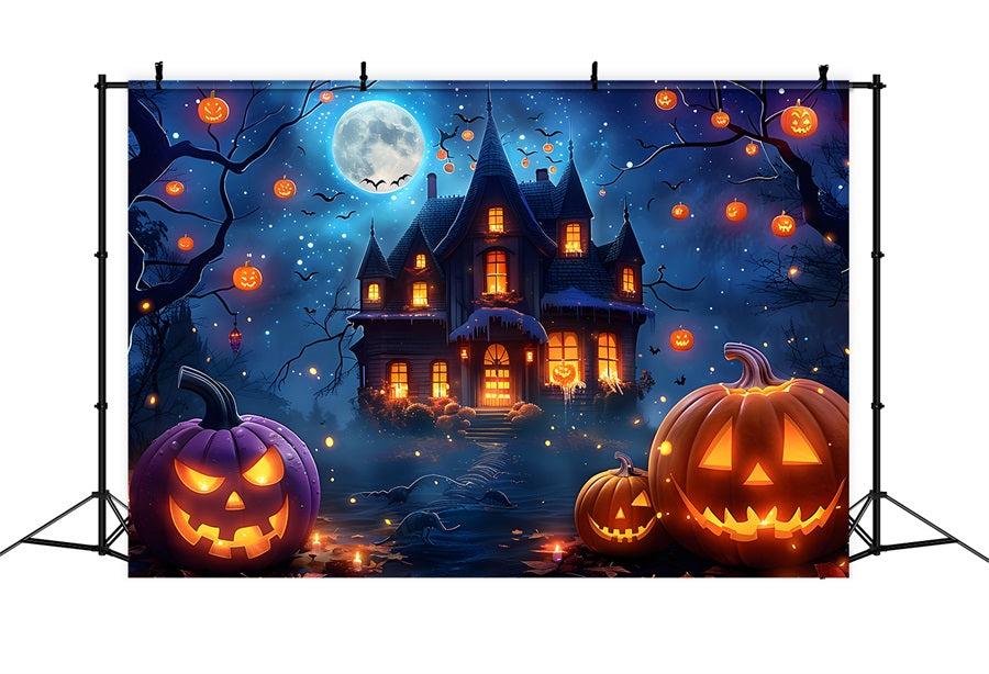 Toile de fond de village enchanté avec clair de lune de minuit d'Halloween RR7-363