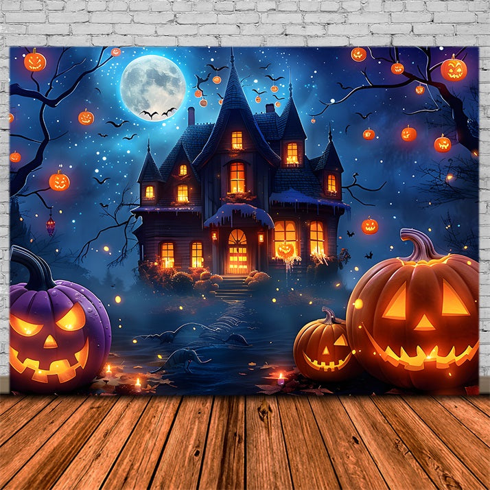 Toile de fond de village enchanté avec clair de lune de minuit d'Halloween RR7-363