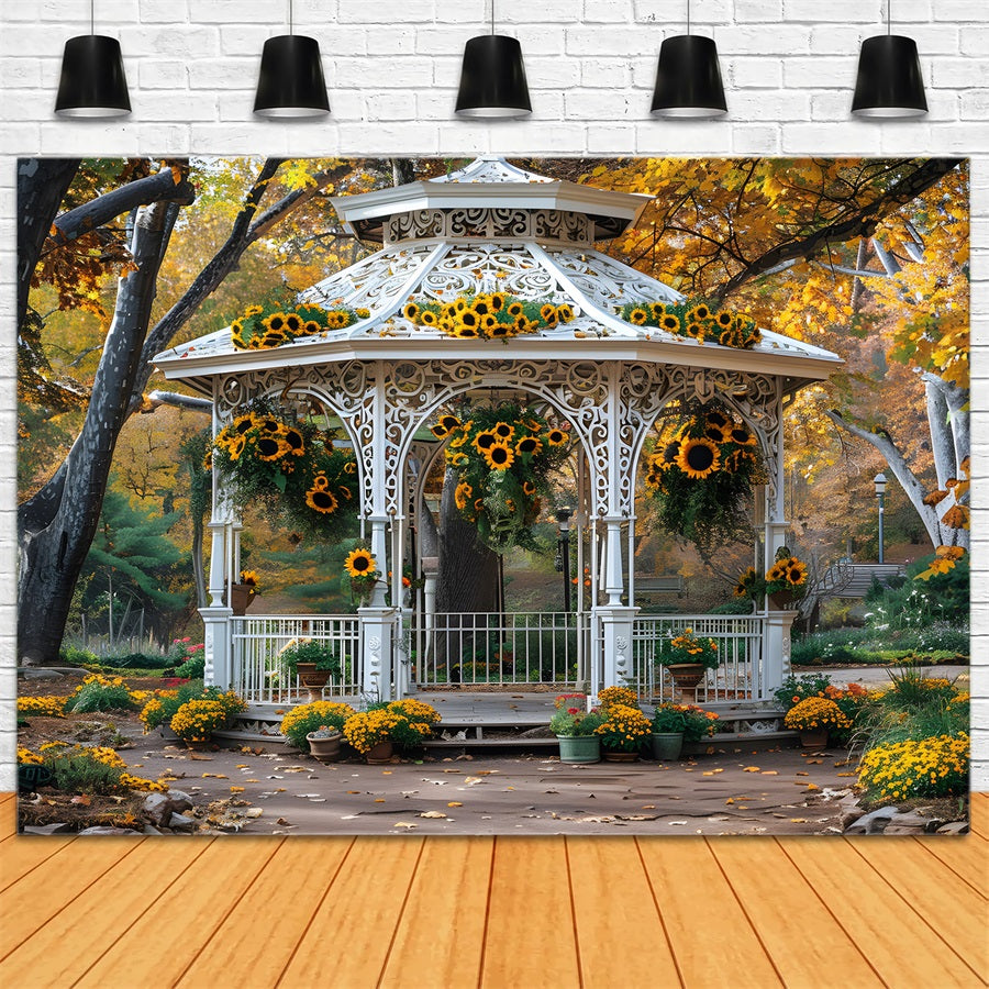 Toile de fond de kiosque de jardin avec tournesols d'automne RR7-365