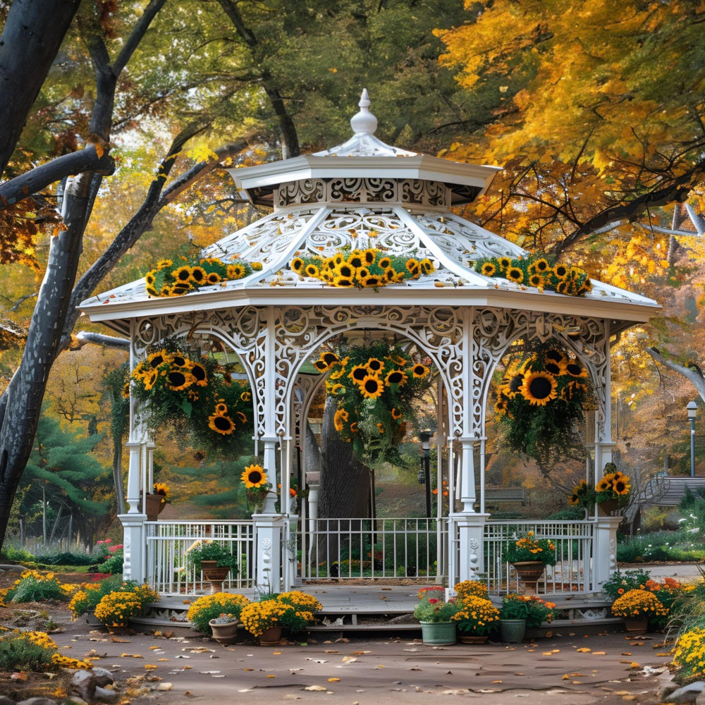 Toile de fond de kiosque de jardin avec tournesols d'automne RR7-365