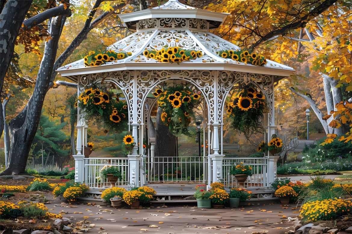 Toile de fond de kiosque de jardin avec tournesols d'automne RR7-365