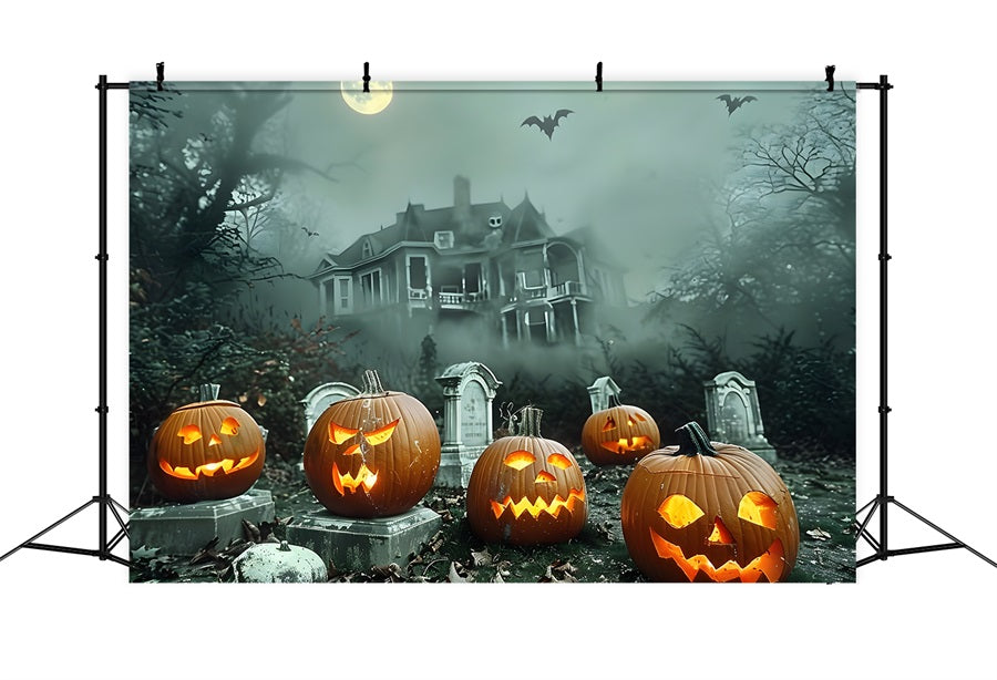 Toile de fond de cimetière de citrouilles avec maison hantée d'Halloween RR7-371