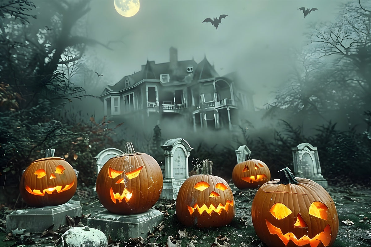 Toile De Fond Halloween 180x109 Cm - Scène Cimetière Loup Citrouille - Pour Fêtes & Décor Maison Hantée