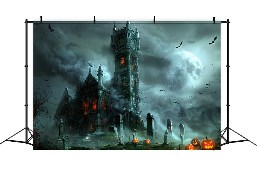 Toile de fond de château gothique avec cimetière de citrouilles d'Halloween RR7-372