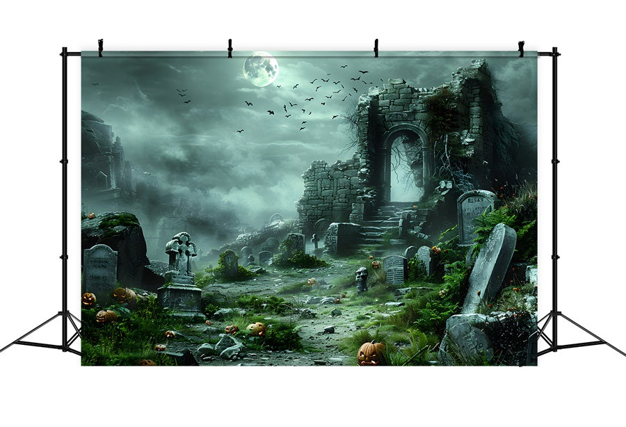 Toile de fond de ruines hantées avec cimetière de citrouilles d'Halloween RR7-373