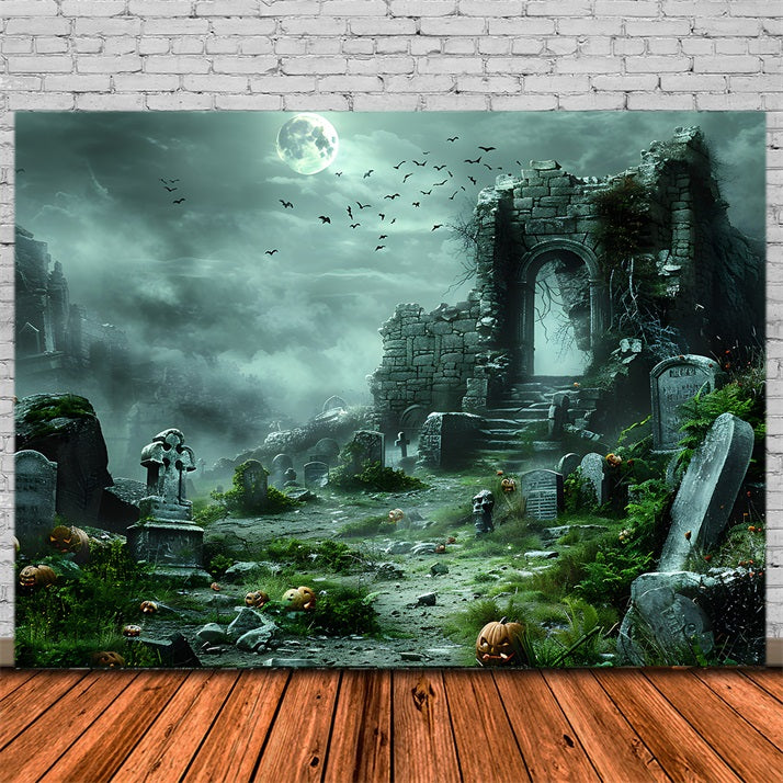 Toile de fond de ruines hantées avec cimetière de citrouilles d'Halloween RR7-373