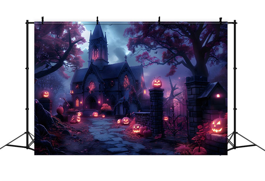 Toile de fond d'église hantée avec chemin de Jack-o'-Lantern d'Halloween RR7-375