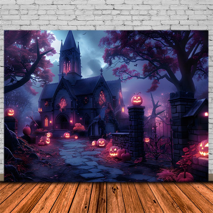 Toile de fond d'église hantée avec chemin de Jack-o'-Lantern d'Halloween RR7-375