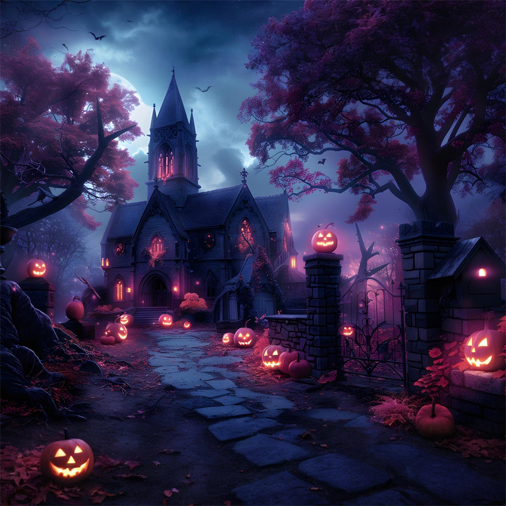 Toile de fond d'église hantée avec chemin de Jack-o'-Lantern d'Halloween RR7-375