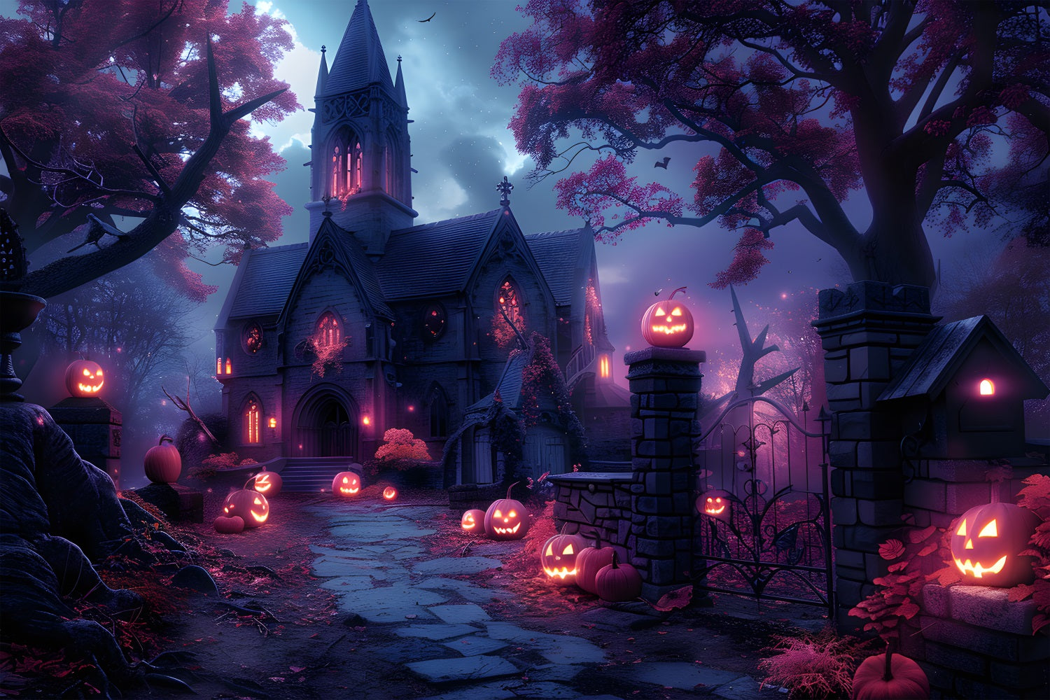 Toile de fond d'église hantée avec chemin de Jack-o'-Lantern d'Halloween RR7-375