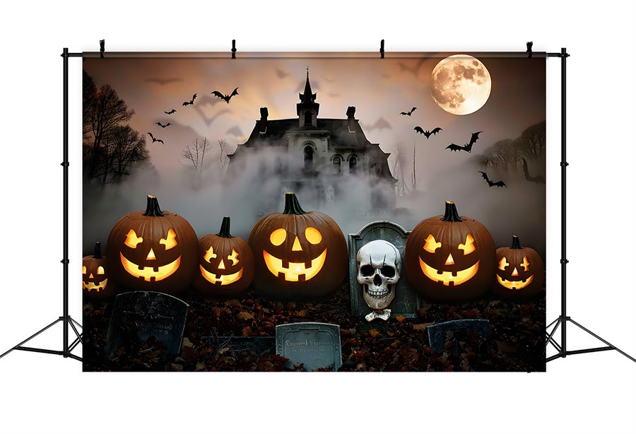 Toile de fond de manoir avec Jack-o'-Lantern dans le cimetière d'Halloween RR7-378