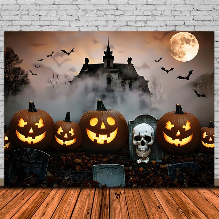 Toile de fond de manoir avec Jack-o'-Lantern dans le cimetière d'Halloween RR7-378