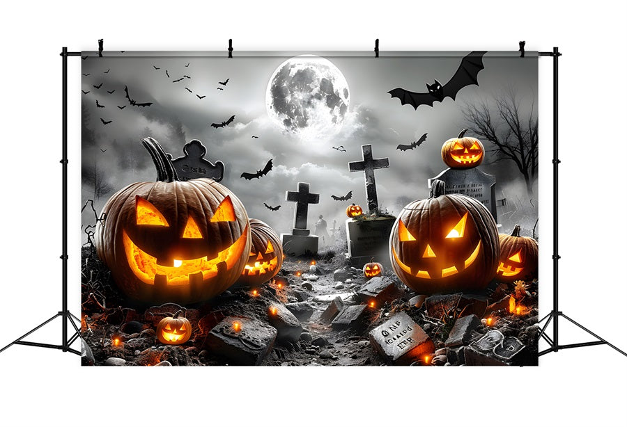 Toile de fond de cimetière Jack-o'-Lantern lumineuses Chauves-souris d'Halloween RR7-379