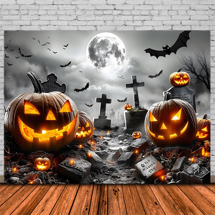 Toile de fond de cimetière Jack-o'-Lantern lumineuses Chauves-souris d'Halloween RR7-379