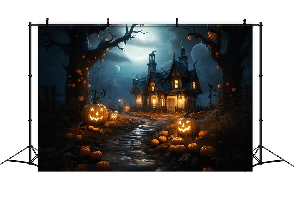 Toile de fond de maison hantée et citrouilles dans la forêt Halloween RR7-383