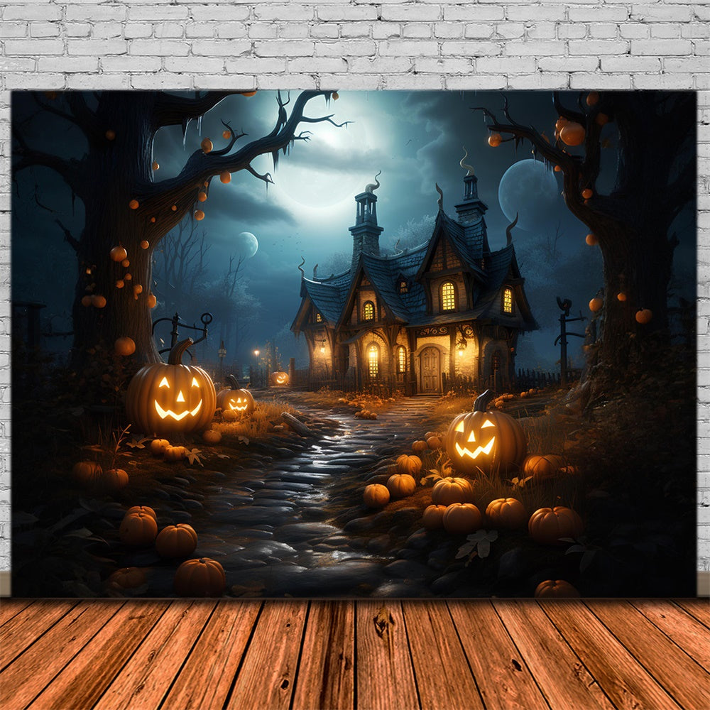 Toile de fond de maison hantée et citrouilles dans la forêt Halloween RR7-383