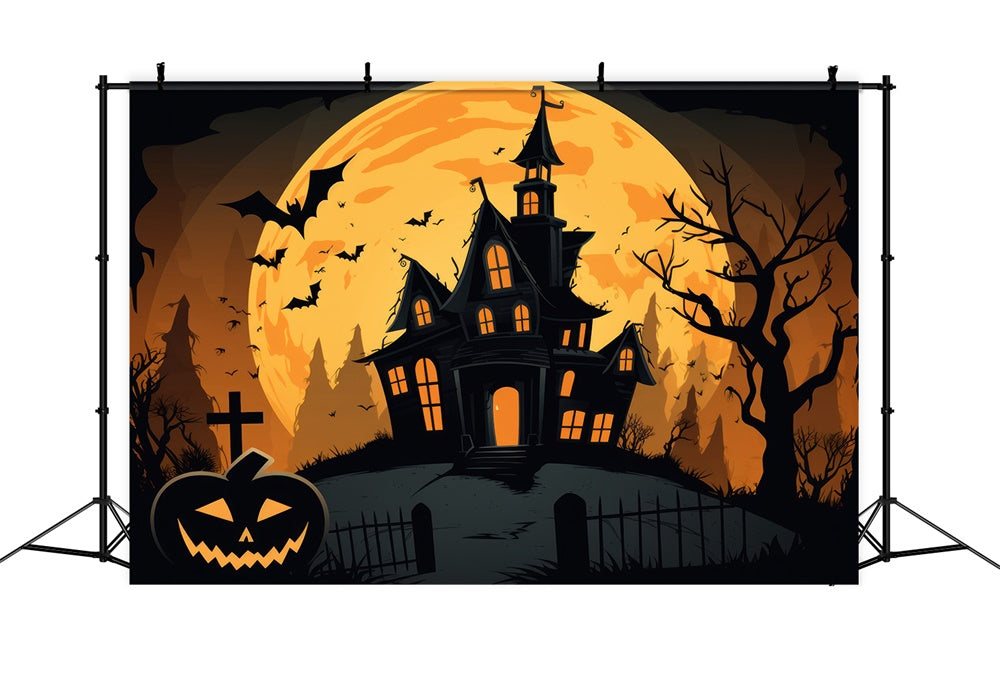 Toile de fond de maison hantée Halloween avec lune pleine et chauves-souris RR7-385