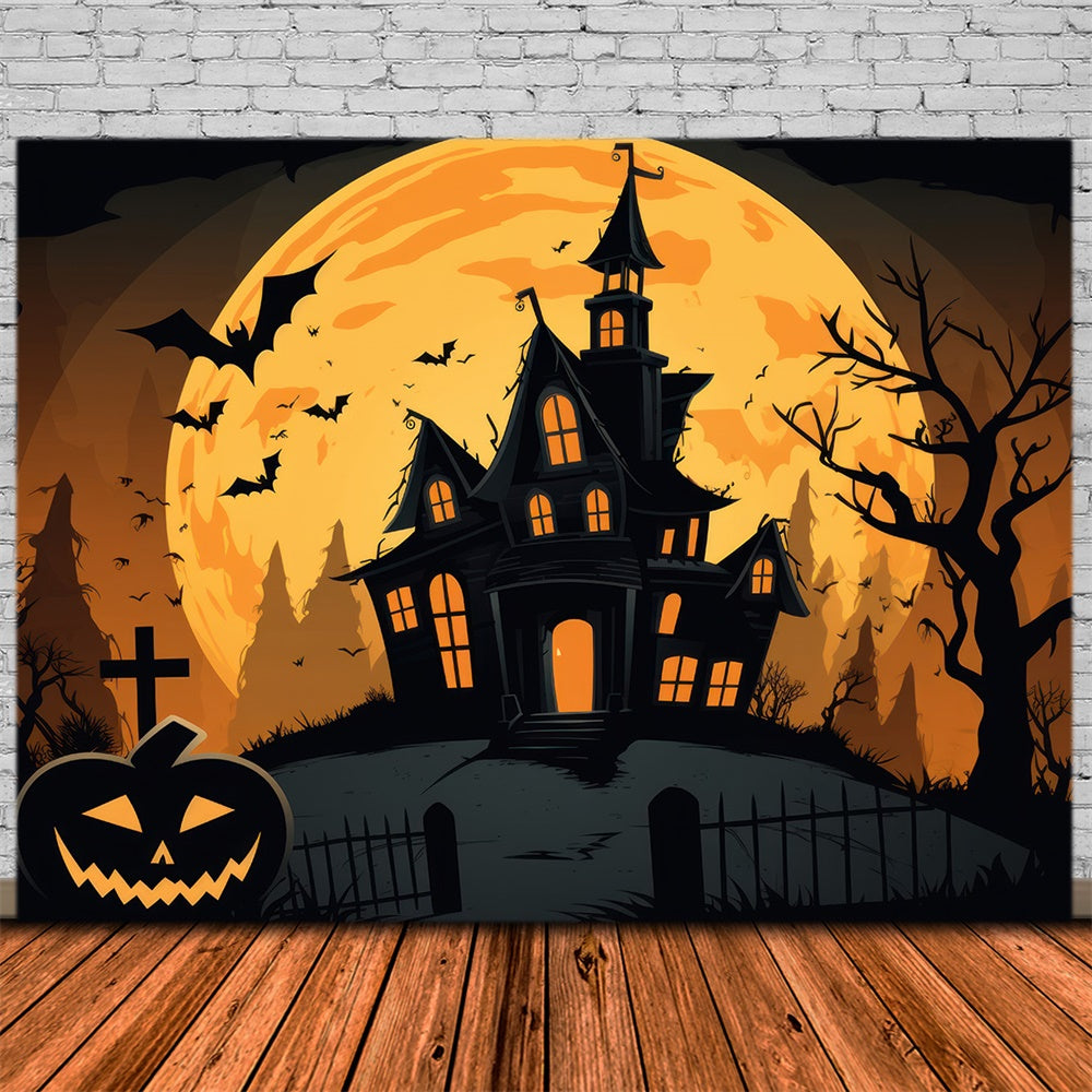 Toile de fond de maison hantée Halloween avec lune pleine et chauves-souris RR7-385