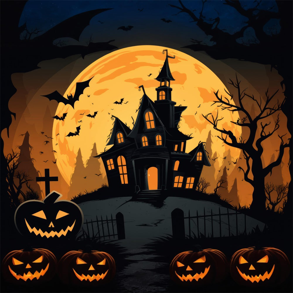 Toile de fond de maison hantée Halloween avec lune pleine et chauves-souris RR7-385